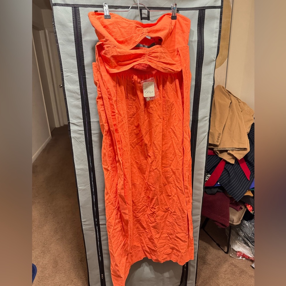 Free people orange 2 piece summer set 100% pants and top with buttons
